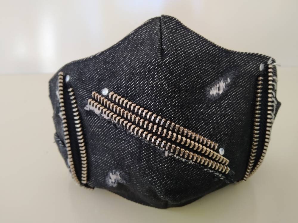 Rocker Denim Face Mask & Filter Cover, Washable, 3 Layers, 3 Sizes, 2 Closures, Punk Mask, Rock Mask, Gothic Mask, Denim mask, Zips mask