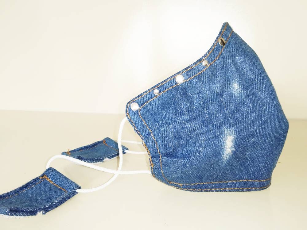 Ripped Denim Face Mask & Filter Cover, Washable, 3 Layers, 3 Sizes, 2 closures, Jeans Mask, Studs mask, fashion mask