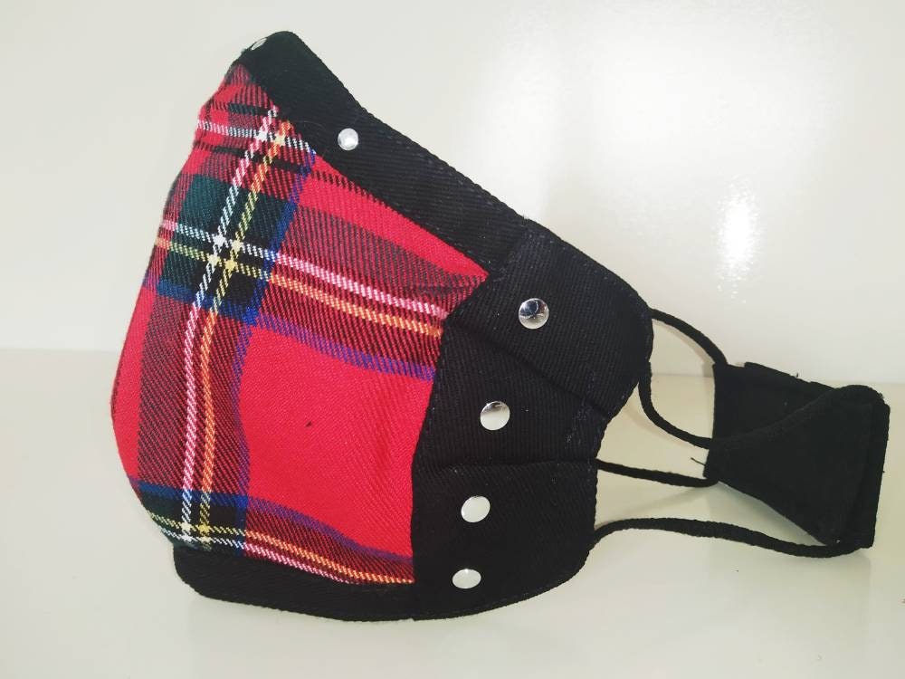 Tartan Studs Face Mask & Filter Cover, 3 Sizes, 3 layers, 2 Closures, punk mask, Gothic mask, rock mask, alternative mask, velcro mask