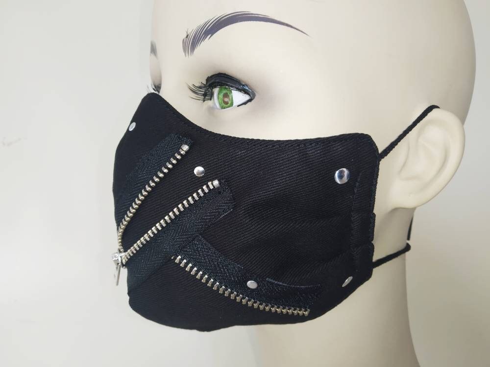 Black Zips Face Mask, Lavable, 3 Capas, 3 Tallas, 2 Cierres, Mascarilla Punk, Mascarilla Gotica, mascarilla manga