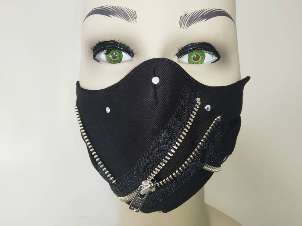 Black Zips Face Mask, Lavable, 3 Capas, 3 Tallas, 2 Cierres, Mascarilla Punk, Mascarilla Gotica, mascarilla manga