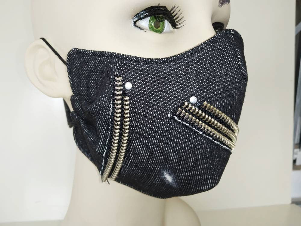 Rocker Denim Face Mask & Filter Cover, Washable, 3 Layers, 3 Sizes, 2 Closures, Punk Mask, Rock Mask, Gothic Mask, Denim mask, Zips mask