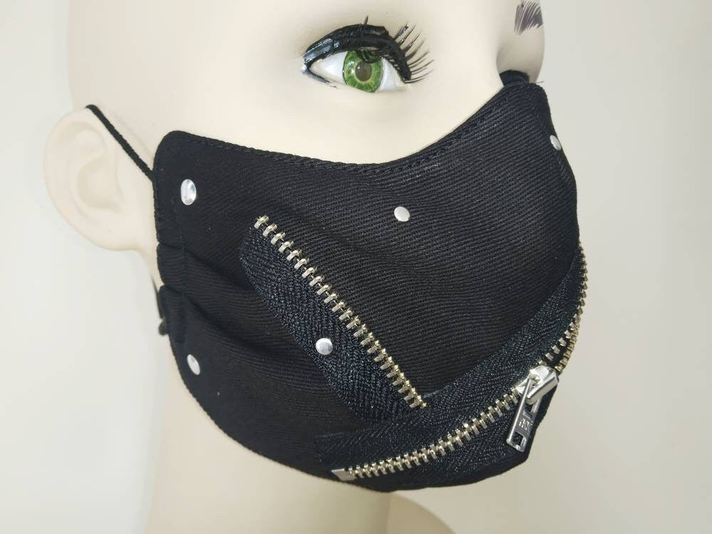 Black Zips Face Mask, Lavable, 3 Capas, 3 Tallas, 2 Cierres, Mascarilla Punk, Mascarilla Gotica, mascarilla manga