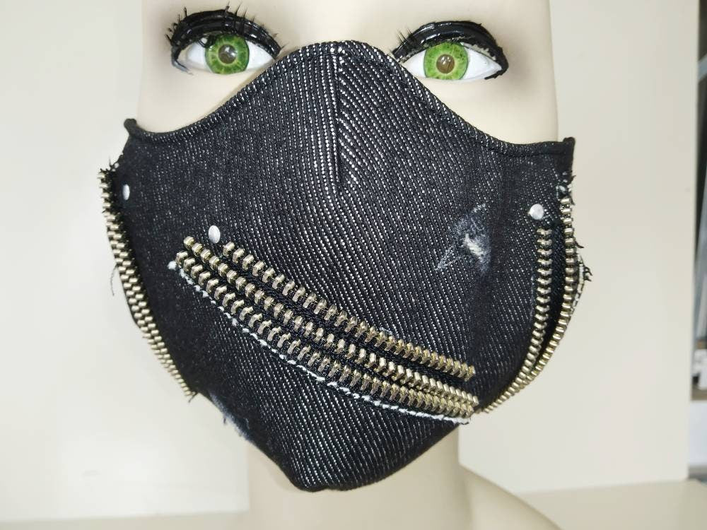 Rocker Denim Face Mask & Filter Cover, Washable, 3 Layers, 3 Sizes, 2 Closures, Punk Mask, Rock Mask, Gothic Mask, Denim mask, Zips mask