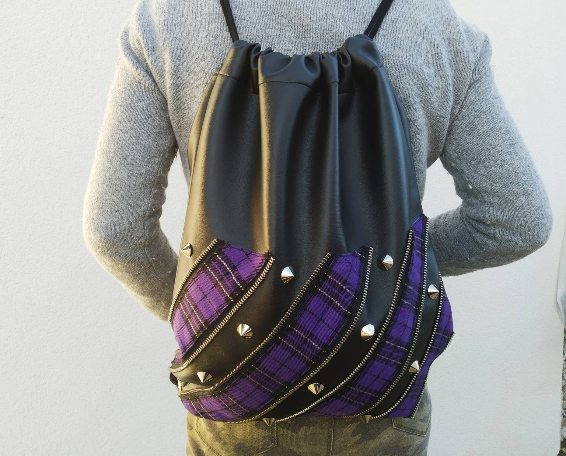 Purple Kei Backpack, synthetic leatherette, Exclusive design, handmade, purple tartan, punk bag, harajuku, Gothic, visual kei, emo, kawaii