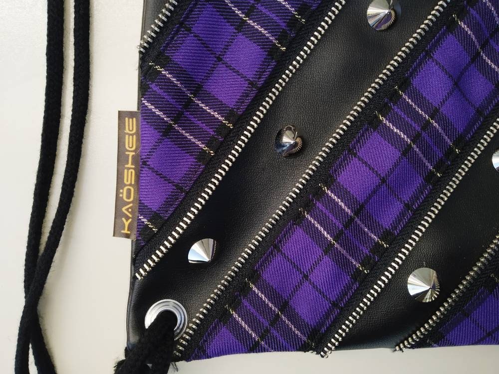 Purple Kei Backpack, synthetic leatherette, Exclusive design, handmade, purple tartan, punk bag, harajuku, Gothic, visual kei, emo, kawaii