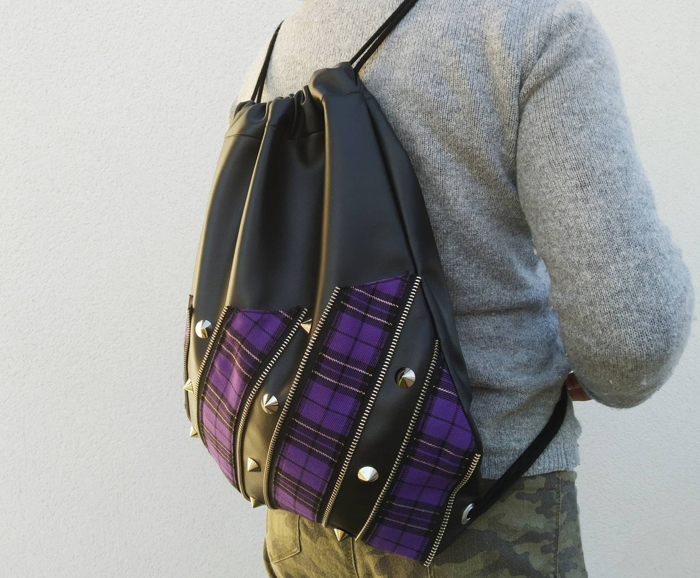 Purple Kei Backpack, synthetic leatherette, Exclusive design, handmade, purple tartan, punk bag, harajuku, Gothic, visual kei, emo, kawaii