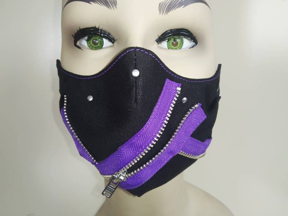 Purple Zips Face Mask & Filter Cover, Washable, 3 Layers, 3 Sizes, 2 Closures, Punk Mask, Gothic Mask, rock mask, emo, visual kei, otaku