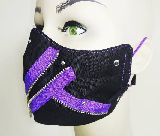 Purple Zips Face Mask & Filter Cover, Washable, 3 Layers, 3 Sizes, 2 Closures, Punk Mask, Gothic Mask, rock mask, emo, visual kei, otaku