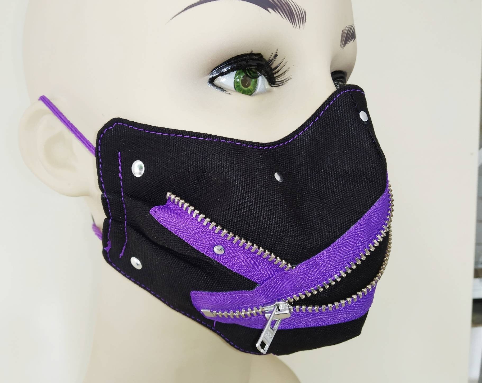 Purple Zips Face Mask & Filter Cover, Washable, 3 Layers, 3 Sizes, 2 Closures, Punk Mask, Gothic Mask, rock mask, emo, visual kei, otaku