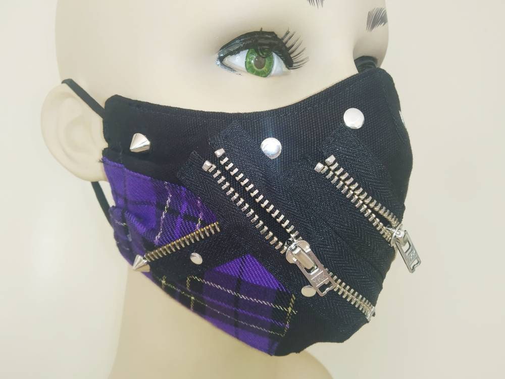 Rebel'97 Face Mask, washable, 3 layers, 3 Sizes, velcro mask, punk mask, gothic mask, visual kei, harajuku, emo, purple tartan gold lurex