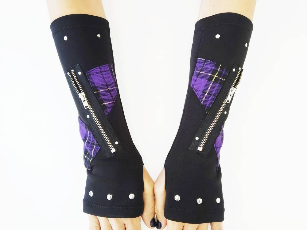 K'97 long gloves, arm warmers, handmade, stretch polyester, purple tartan, punk gloves, gothic, harajuku, emo clothing, visual kei, kawaii