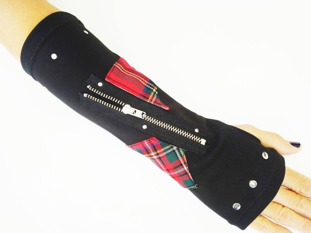 K'87 Long Gloves, Arm warmers, Handmade, Elastic polyester, Universal Size,punk clothing, gothic wear, harajuku, emo, visual kei, red tartan