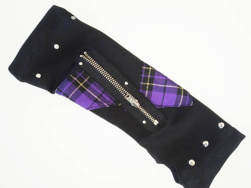 K'97 long gloves, arm warmers, handmade, stretch polyester, purple tartan, punk gloves, gothic, harajuku, emo clothing, visual kei, kawaii