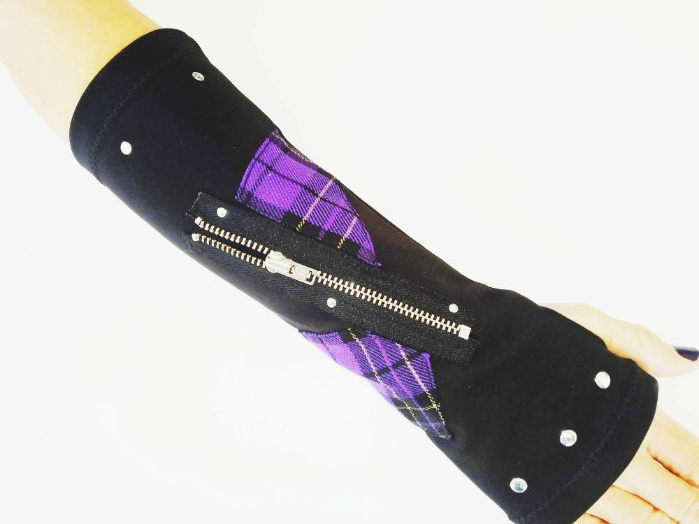 K'97 long gloves, arm warmers, handmade, stretch polyester, purple tartan, punk gloves, gothic, harajuku, emo clothing, visual kei, kawaii