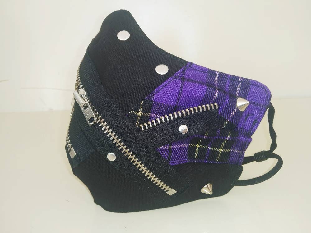 Rebel'97 Face Mask, washable, 3 layers, 3 Sizes, velcro mask, punk mask, gothic mask, visual kei, harajuku, emo, purple tartan gold lurex