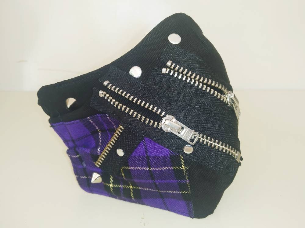 Rebel'97 Face Mask, washable, 3 layers, 3 Sizes, velcro mask, punk mask, gothic mask, visual kei, harajuku, emo, purple tartan gold lurex