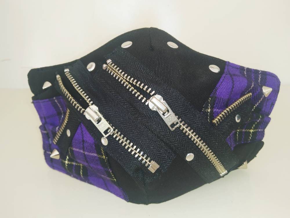 Rebel'97 Face Mask, washable, 3 layers, 3 Sizes, velcro mask, punk mask, gothic mask, visual kei, harajuku, emo, purple tartan gold lurex