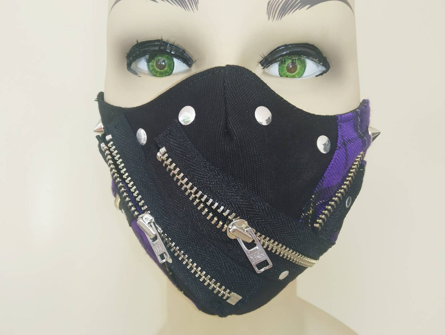 Rebel'97 Face Mask, washable, 3 layers, 3 Sizes, velcro mask, punk mask, gothic mask, visual kei, harajuku, emo, purple tartan gold lurex