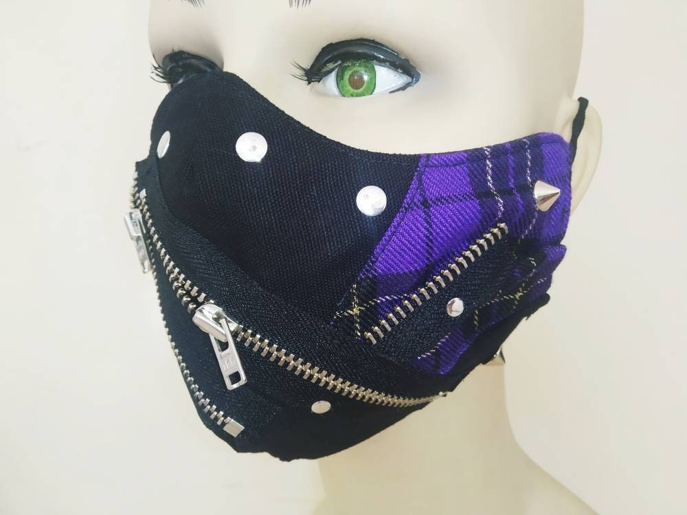 Rebel'97 Face Mask, washable, 3 layers, 3 Sizes, velcro mask, punk mask, gothic mask, visual kei, harajuku, emo, purple tartan gold lurex