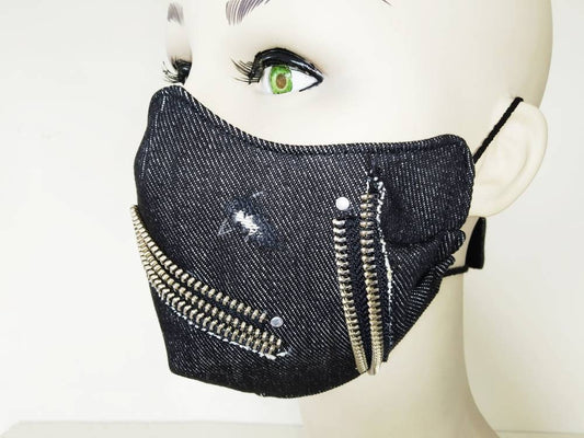 Rocker Denim Face Mask & Filter Cover, Washable, 3 Layers, 3 Sizes, 2 Closures, Punk Mask, Rock Mask, Gothic Mask, Denim mask, Zips mask