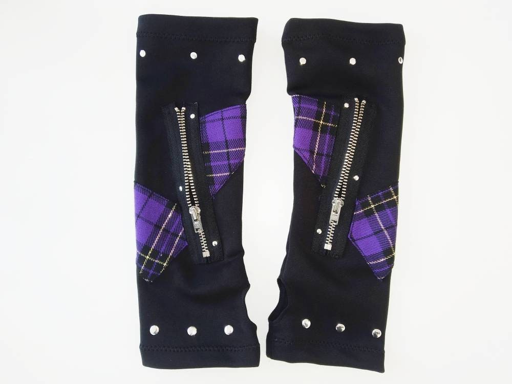 K'97 long gloves, arm warmers, handmade, stretch polyester, purple tartan, punk gloves, gothic, harajuku, emo clothing, visual kei, kawaii