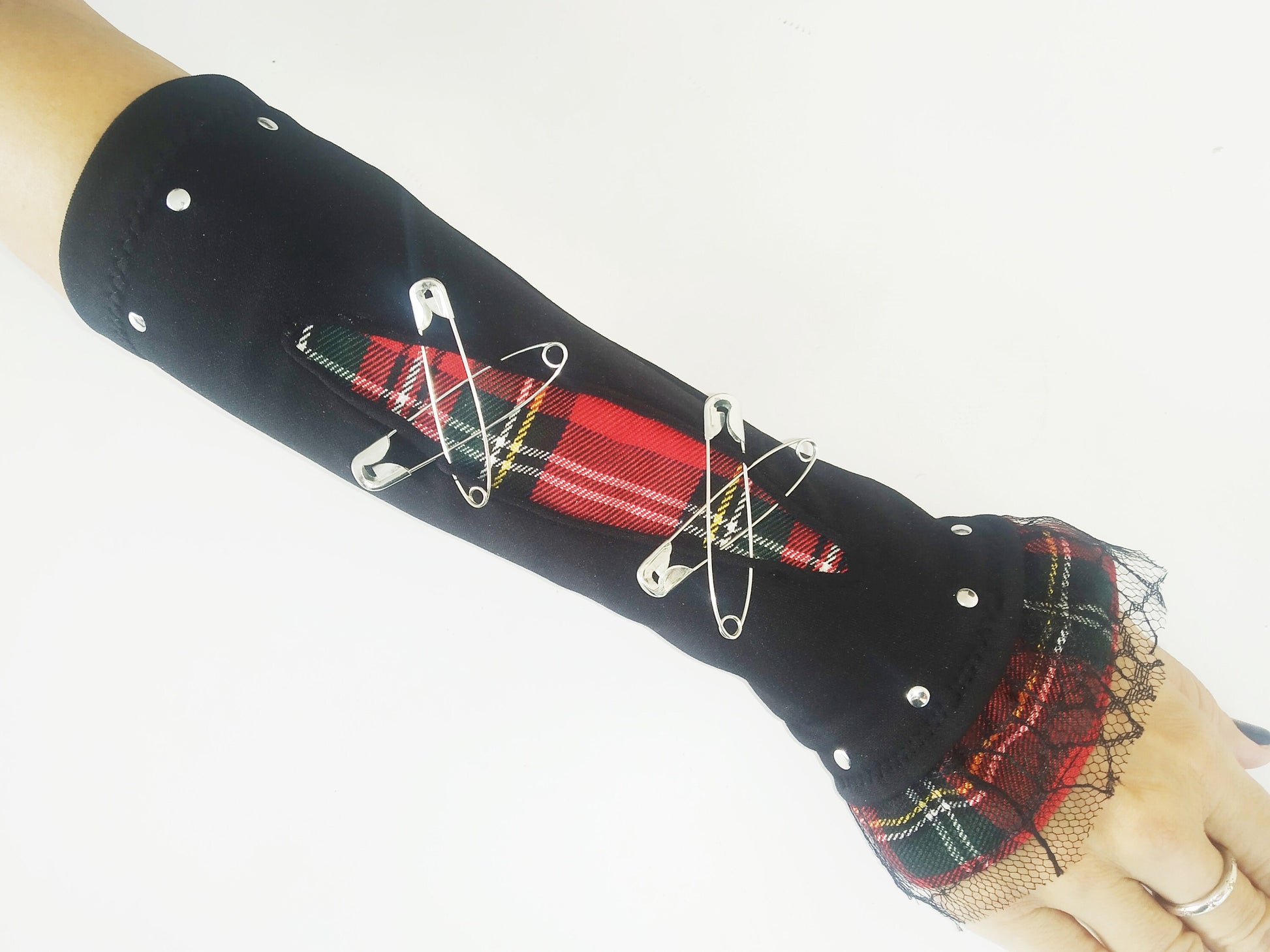 V'87 arm warmers, sleeves, handmade, stretch lycra and tartan, punk gloves, gothic, harajuku, emo, visual Kei sleeves, alt. red tartan