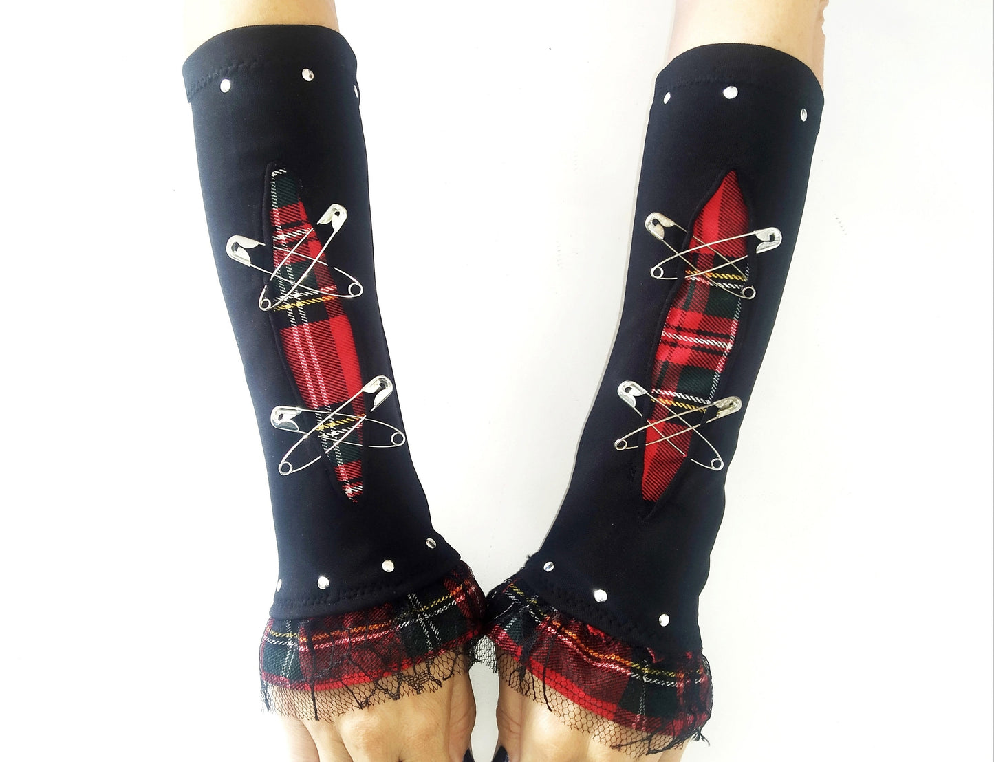 V'87 arm warmers, sleeves, handmade, stretch lycra and tartan, punk gloves, gothic, harajuku, emo, visual Kei sleeves, alt. red tartan