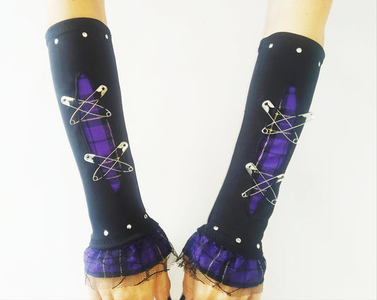 V'97 arm warmers, muffs, handmade, stretch lycra and tartan, punk gloves, gothic, harajuku, emo, visual Kei sleeves, alt, purple tartan