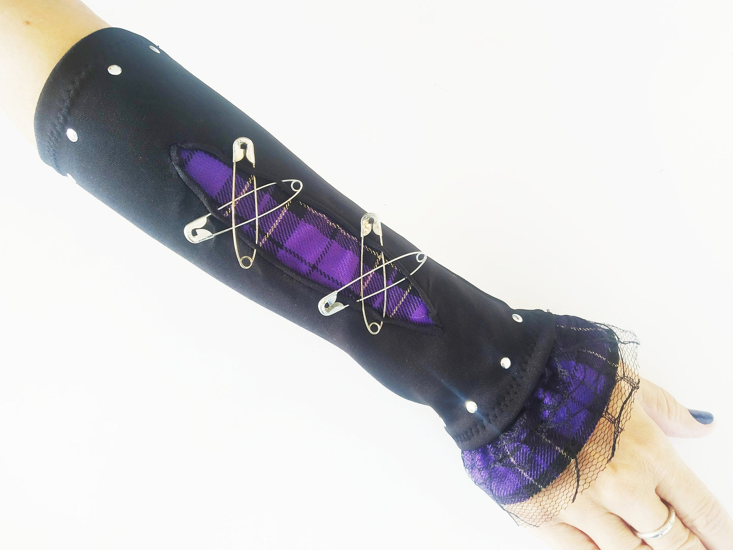 V'97 arm warmers, muffs, handmade, stretch lycra and tartan, punk gloves, gothic, harajuku, emo, visual Kei sleeves, alt, purple tartan