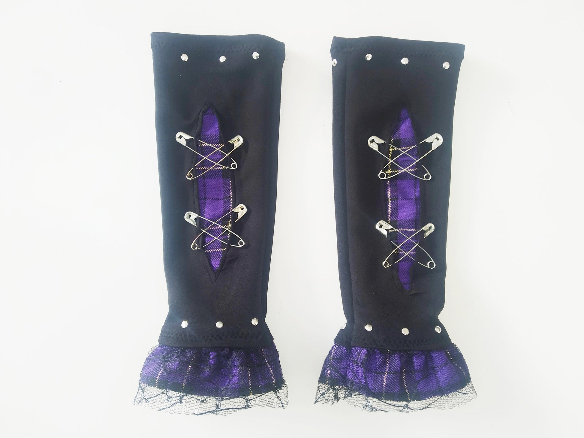 V'97 arm warmers, muffs, handmade, stretch lycra and tartan, punk gloves, gothic, harajuku, emo, visual Kei sleeves, alt, purple tartan