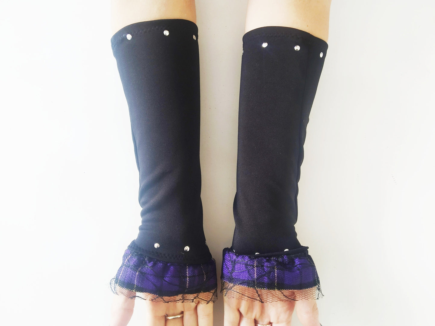 V'97 arm warmers, muffs, handmade, stretch lycra and tartan, punk gloves, gothic, harajuku, emo, visual Kei sleeves, alt, purple tartan