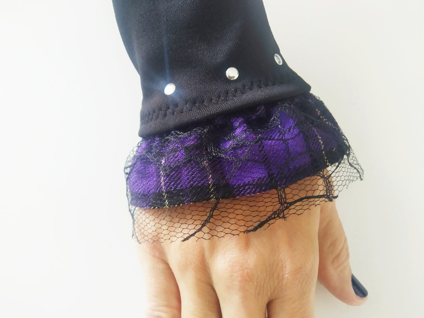 V'97 arm warmers, muffs, handmade, stretch lycra and tartan, punk gloves, gothic, harajuku, emo, visual Kei sleeves, alt, purple tartan