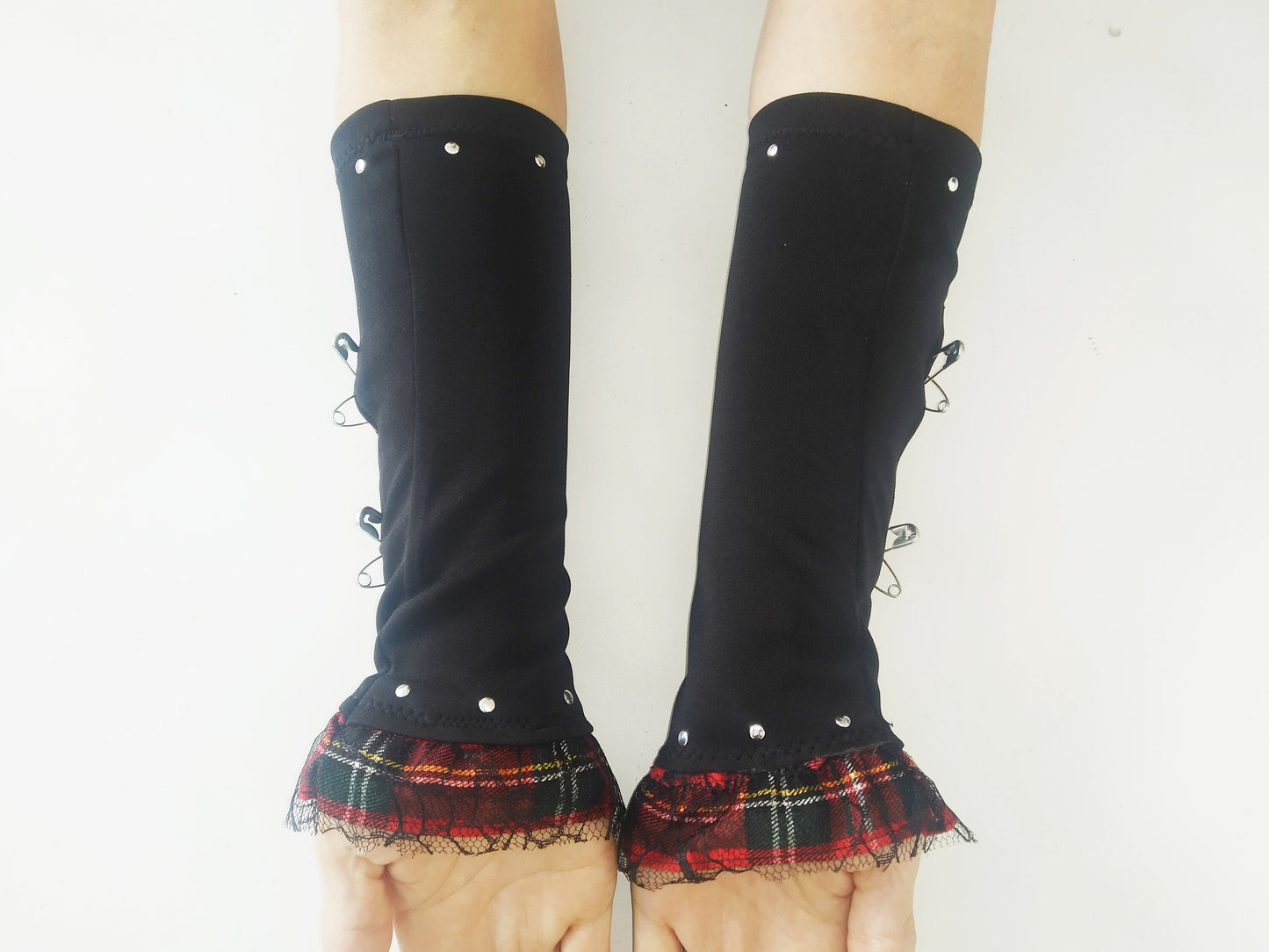 V'87 arm warmers, sleeves, handmade, stretch lycra and tartan, punk gloves, gothic, harajuku, emo, visual Kei sleeves, alt. red tartan