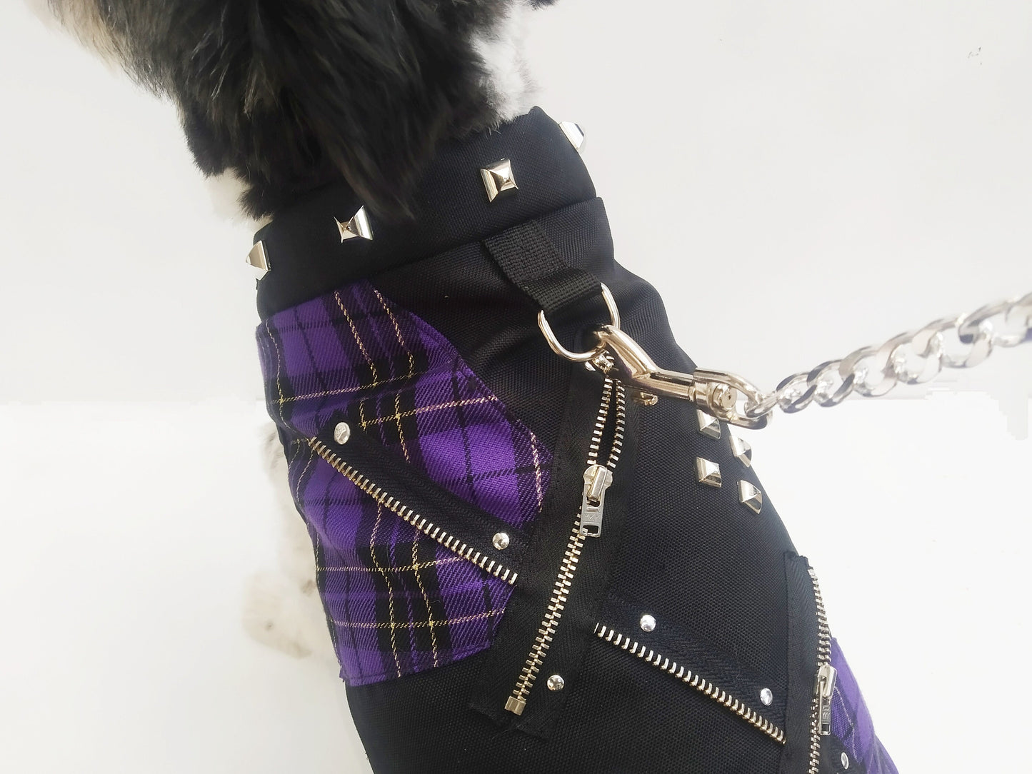 Dk97 Traje de perro, Alta Calidad, Cordura impermeable, Forro Borreguito, Collar, anilla, 4 Tallas, Tartan lila, punk, gótico, emo, harajuku