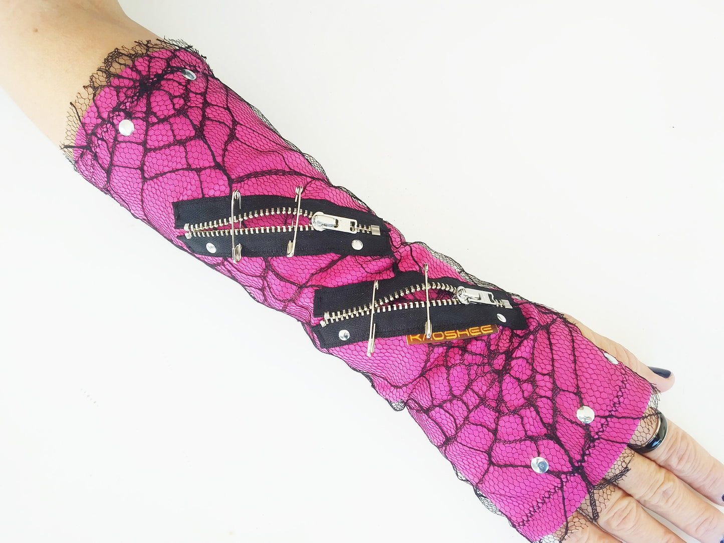 K'27 long gloves, pink arm warmers, handmade, stretch polyester & spiderweb, punk gloves, gothic, harajuku, emo clothing, visual kei, kawaii