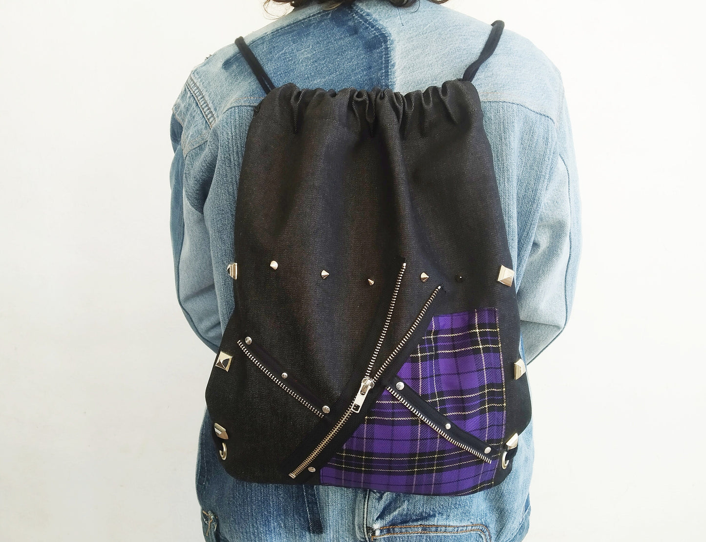 Punk'97 Backpack, Handmade, Strong Denim, Exclusive design,comfortable & light, punk bag, harajuku, Gothic, emo, manga, kawaii,purple tartan