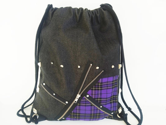 Punk'97 Backpack, Handmade, Strong Denim, Exclusive design,comfortable & light, punk bag, harajuku, Gothic, emo, manga, kawaii,purple tartan