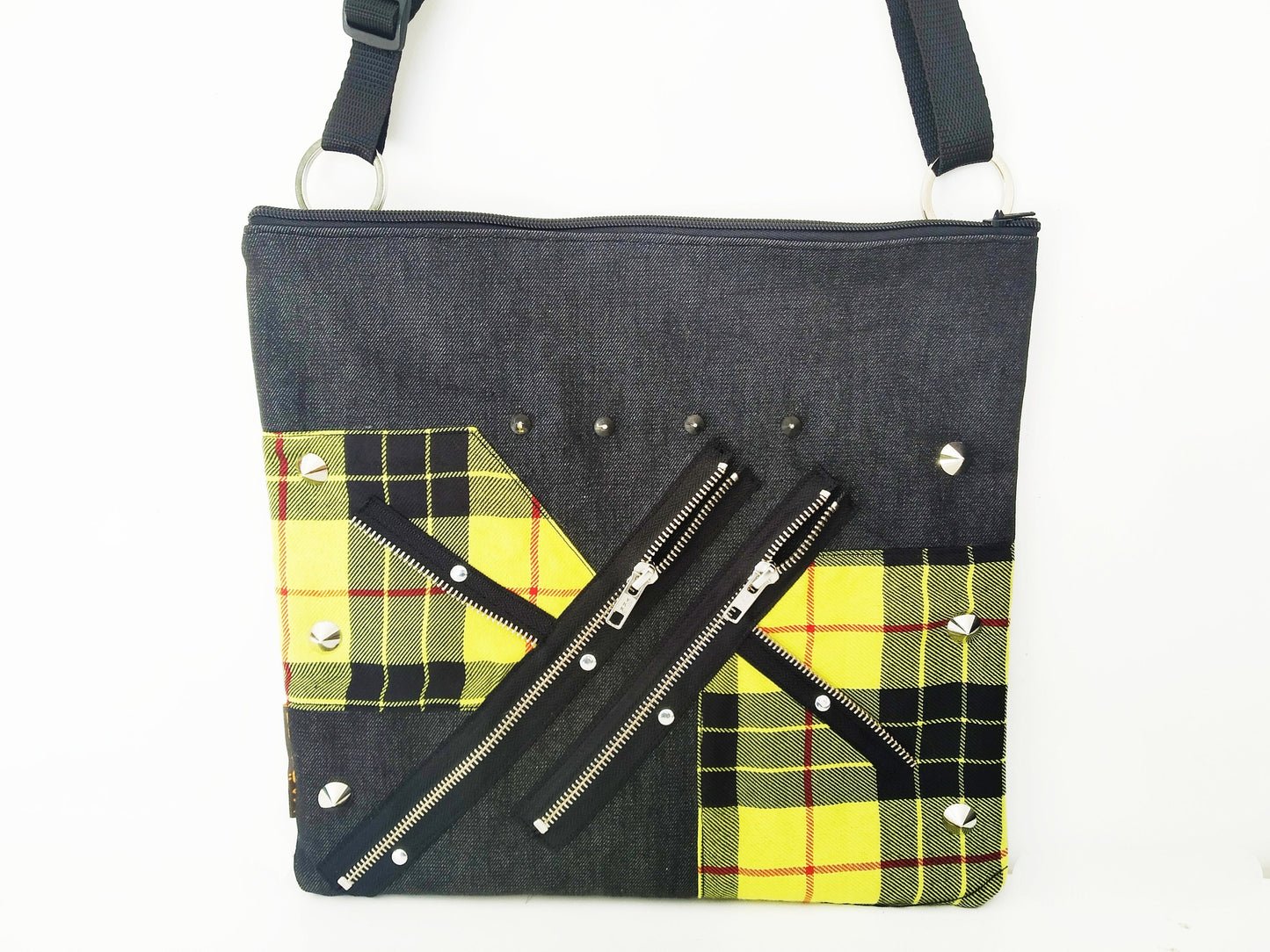 Pk'77 Shoulder Bag, Strong Black Denim, Exclusive design, handmade, yellow tartan, punk bag, Gothic, emo, harajuku, kawaii, Visual Kei,manga