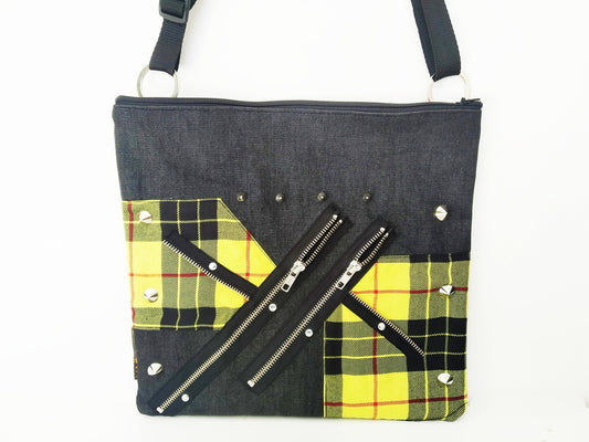 Pk'77 Shoulder Bag, Strong Black Denim, Exclusive design, handmade, yellow tartan, punk bag, Gothic, emo, harajuku, kawaii, Visual Kei,manga