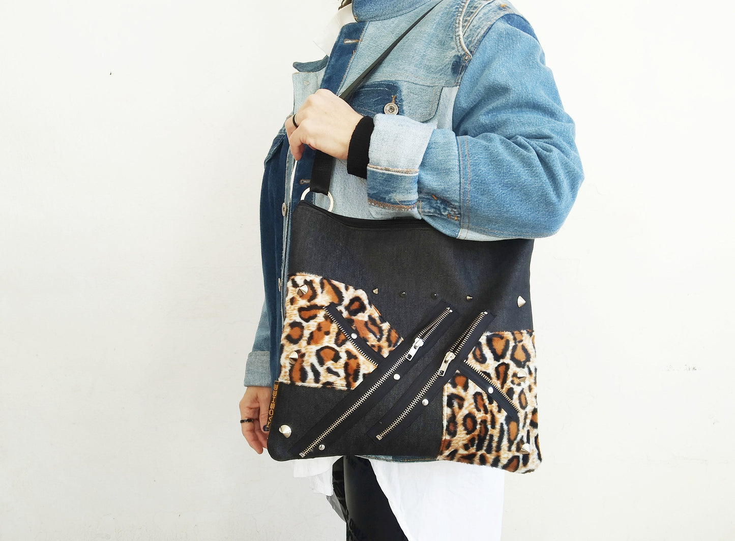 Pk'67 Shoulder Bag, Strong Black Denim, Exclusive design, handmade, synthetic leopard , punk bag, Gothic, emo, harajuku, kawaii, Visual Kei,