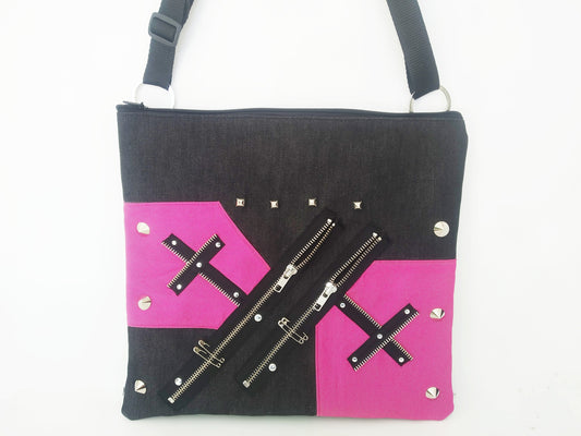 Pk'27 Shoulder Bag, Strong Black & Pink Denim, Exclusive design, handmade, punk bag, Gothic, emo, harajuku, kawaii, Visual Kei, strawberry