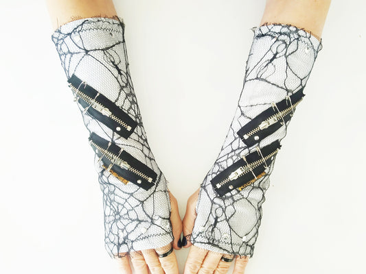 K'37 long gloves, arm warmers, handmade, stretch polyester & spiderweb, punk gloves, gothic, harajuku, emo clothing, visual kei, kawaii, alt