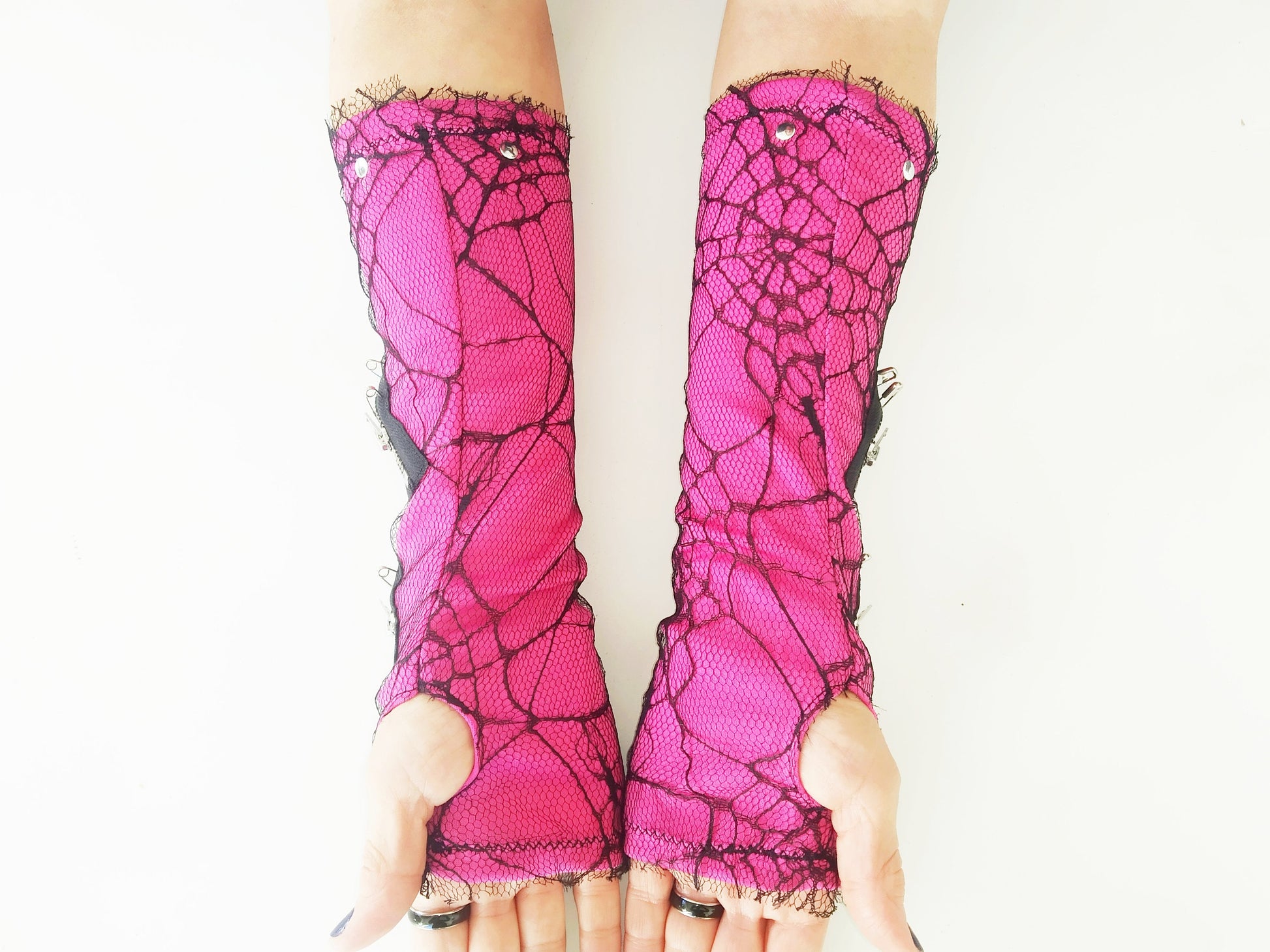 K'27 long gloves, pink arm warmers, handmade, stretch polyester & spiderweb, punk gloves, gothic, harajuku, emo clothing, visual kei, kawaii