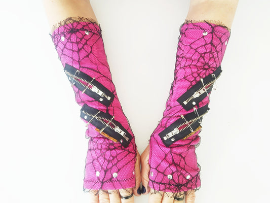 K'27 long gloves, pink arm warmers, handmade, stretch polyester & spiderweb, punk gloves, gothic, harajuku, emo clothing, visual kei, kawaii