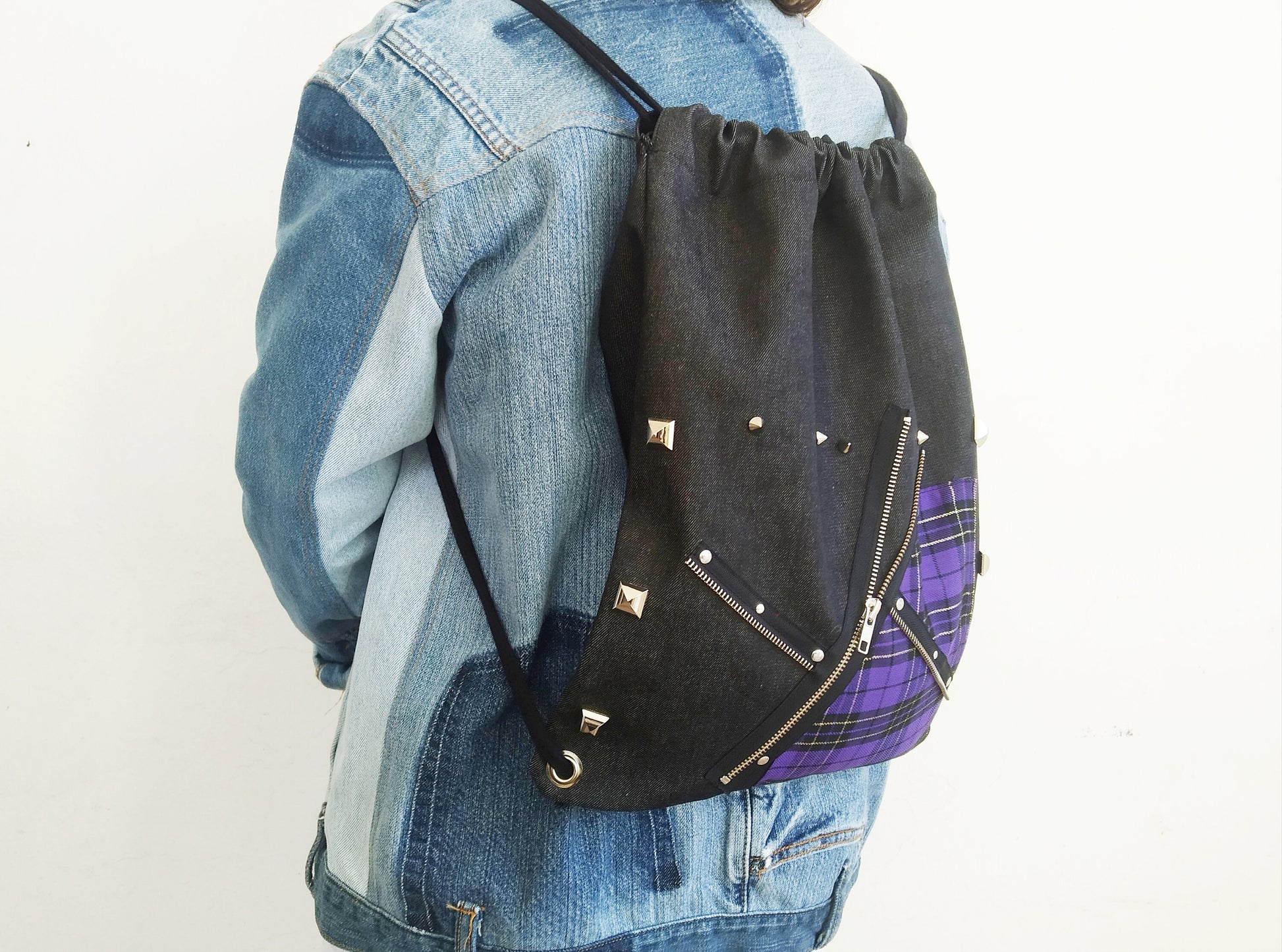 Punk'97 Backpack, Handmade, Strong Denim, Exclusive design,comfortable & light, punk bag, harajuku, Gothic, emo, manga, kawaii,purple tartan