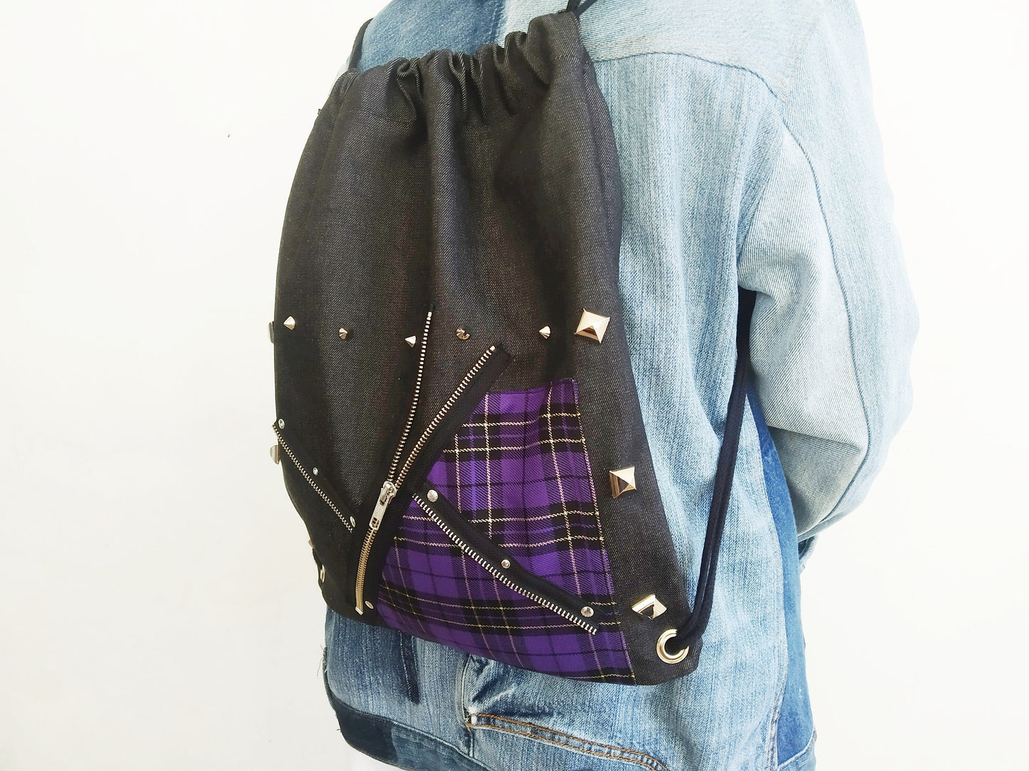 Punk'97 Backpack, Handmade, Strong Denim, Exclusive design,comfortable & light, punk bag, harajuku, Gothic, emo, manga, kawaii,purple tartan