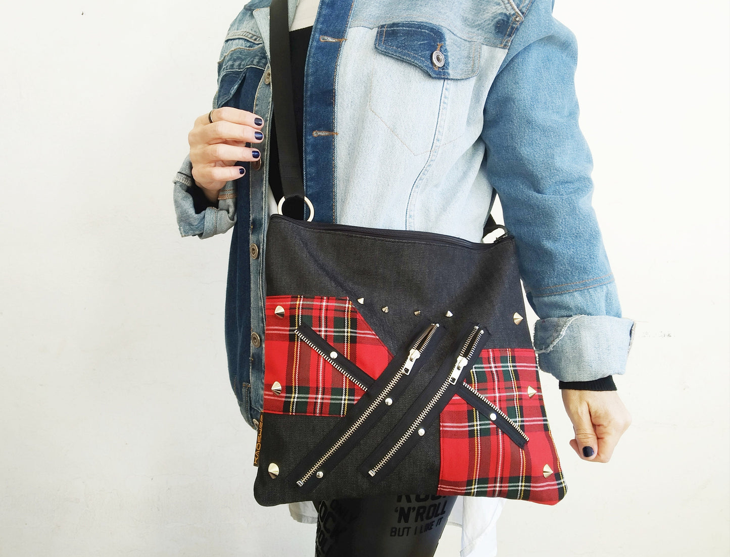 Pk'87 Shoulder Bag, Strong Black Denim, Exclusive design, handmade, red royal tartan, punk bag, Gothic, emo, harajuku, kawaii, Visual Kei,