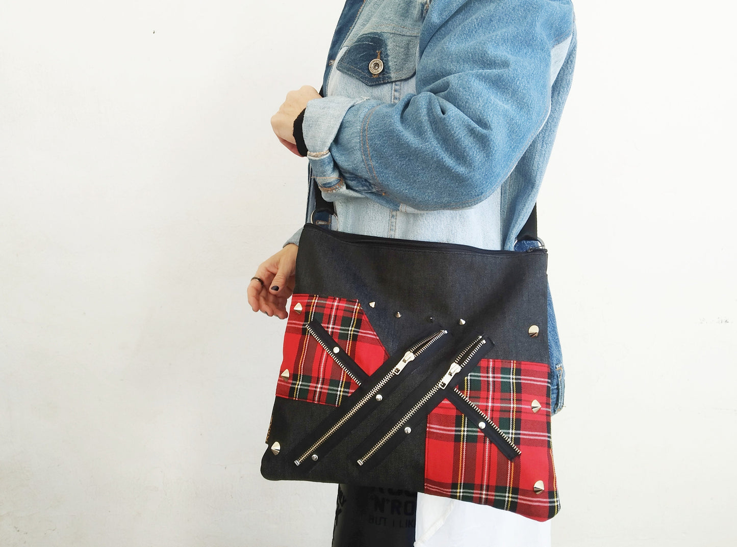 Pk'87 Shoulder Bag, Strong Black Denim, Exclusive design, handmade, red royal tartan, punk bag, Gothic, emo, harajuku, kawaii, Visual Kei,