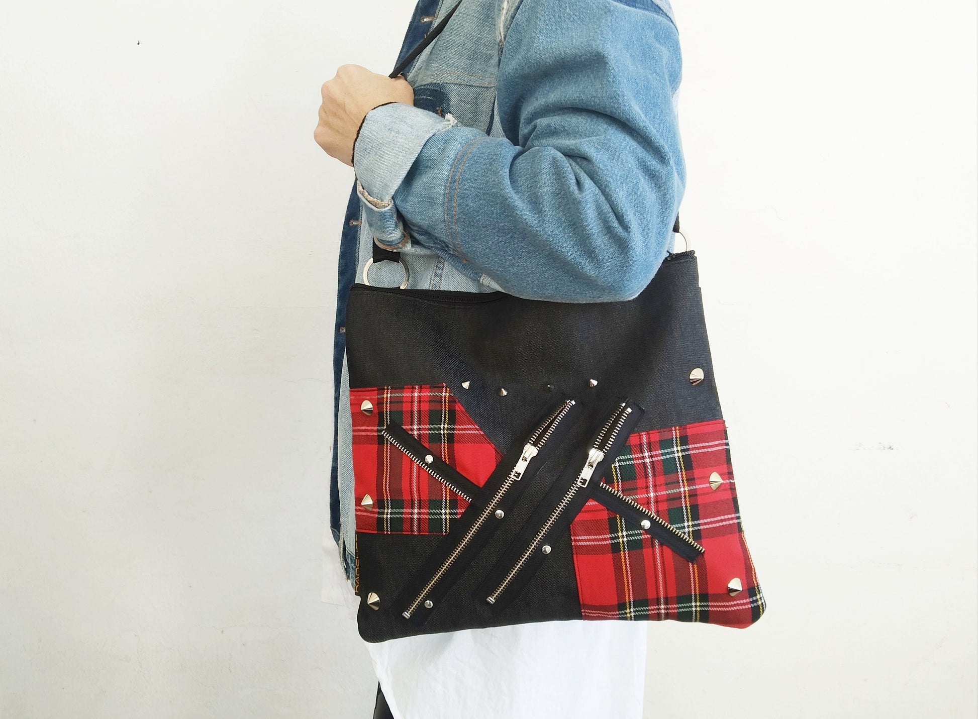 Pk'87 Shoulder Bag, Strong Black Denim, Exclusive design, handmade, red royal tartan, punk bag, Gothic, emo, harajuku, kawaii, Visual Kei,